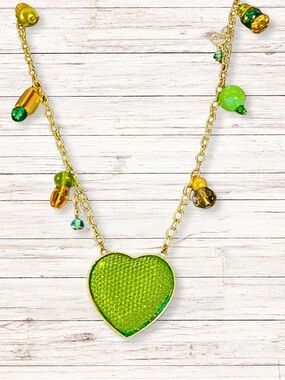 HANDCRAFTED NECKLACE Heart Pendant Textured Green Glass & Tiny Bead Charms